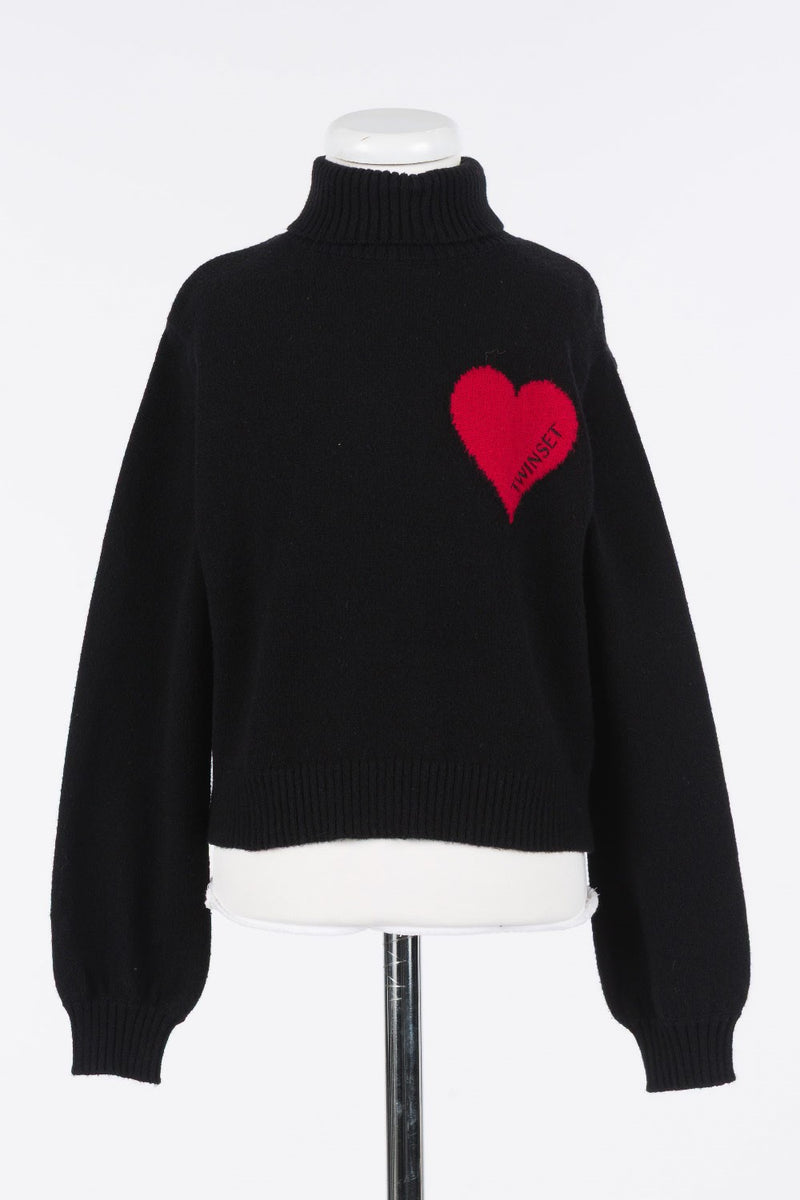 Twinset Heart Detail Knit Black/Magenta Turtleneck | Macaroni Kids
