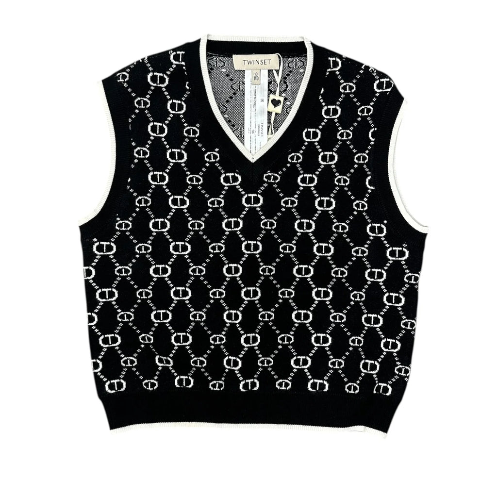 Twinset Short Knit Black/ Micro Logo Off White Vest