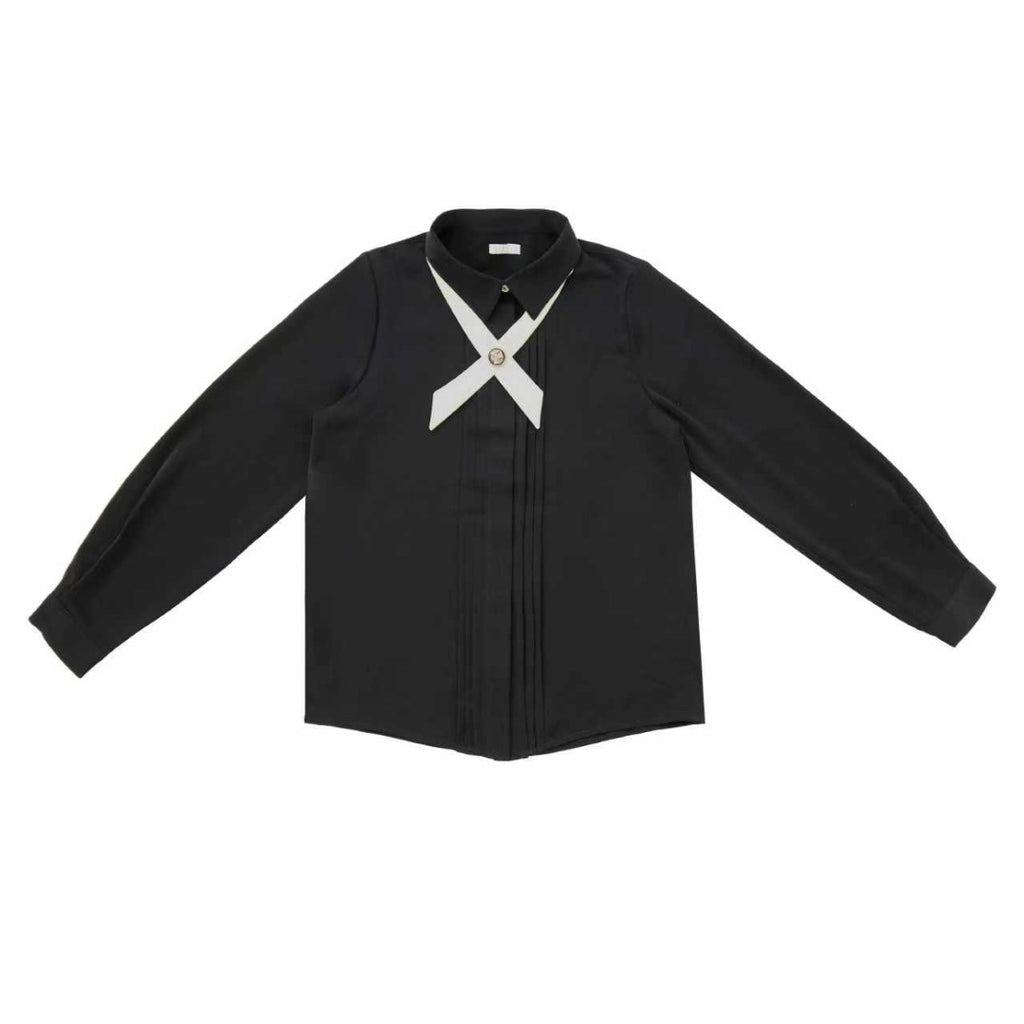 Coco Blanc Front Pleat Cream Crisscross Collar Black Blouse