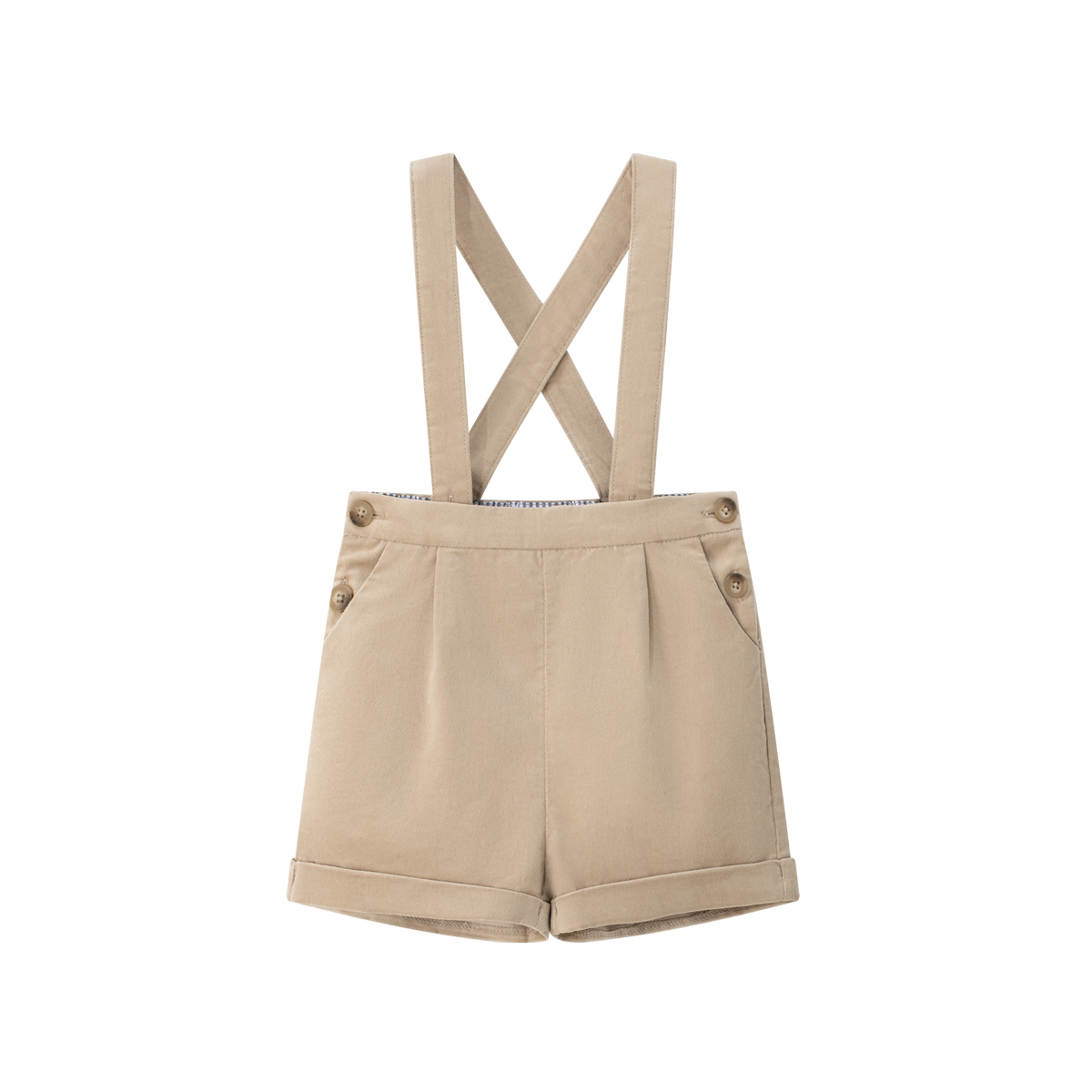 Coco Blanc Camel Suspender Shorts | Macaroni Kids
