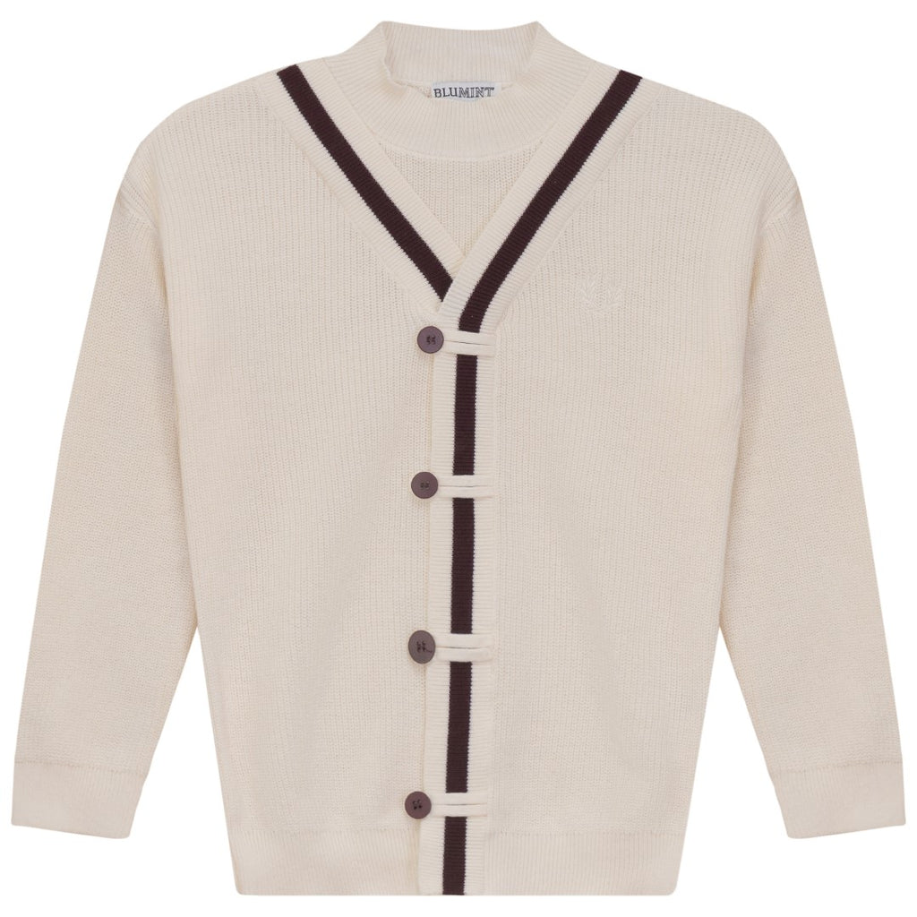Blumint Contrast Trim Mock Neck Cream/Burgundy Cardigan