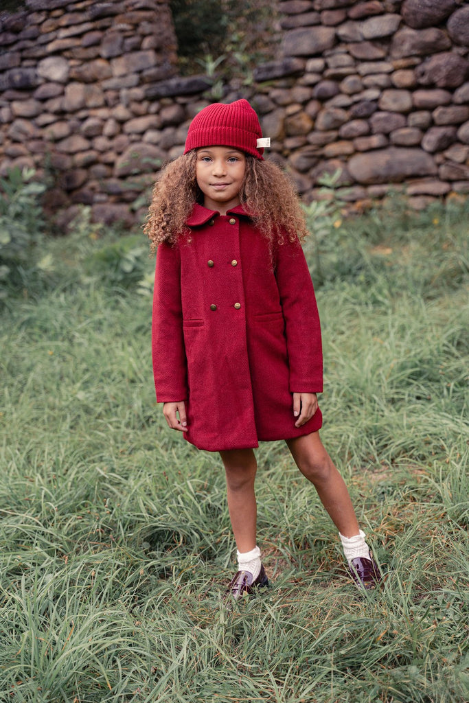 Mini Nod Girl's Red Rounded Collar Coat  + Hat