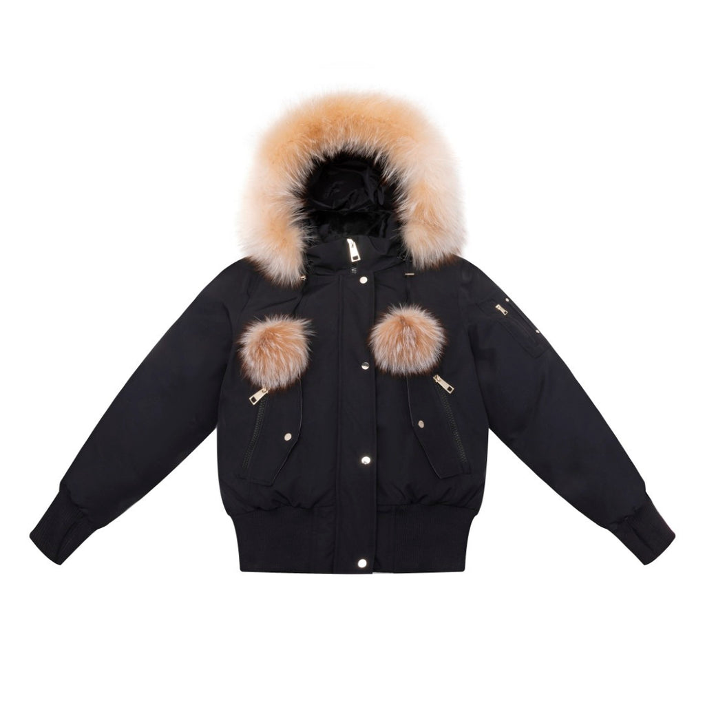 Ellabee Layla Canvas Pom-Pom Black Gold Fox Bomber