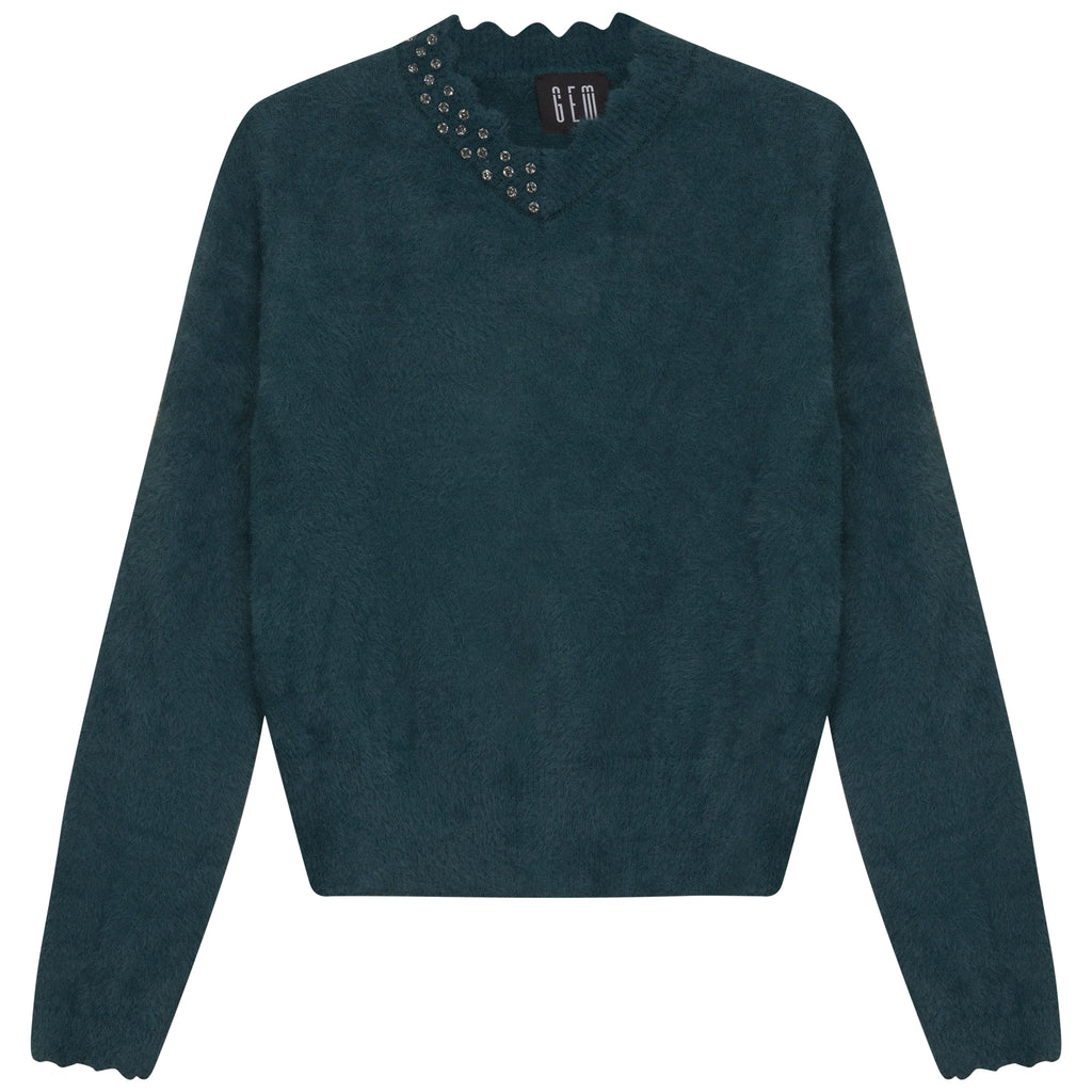 Gem Furry Scalloped Teal Sweater