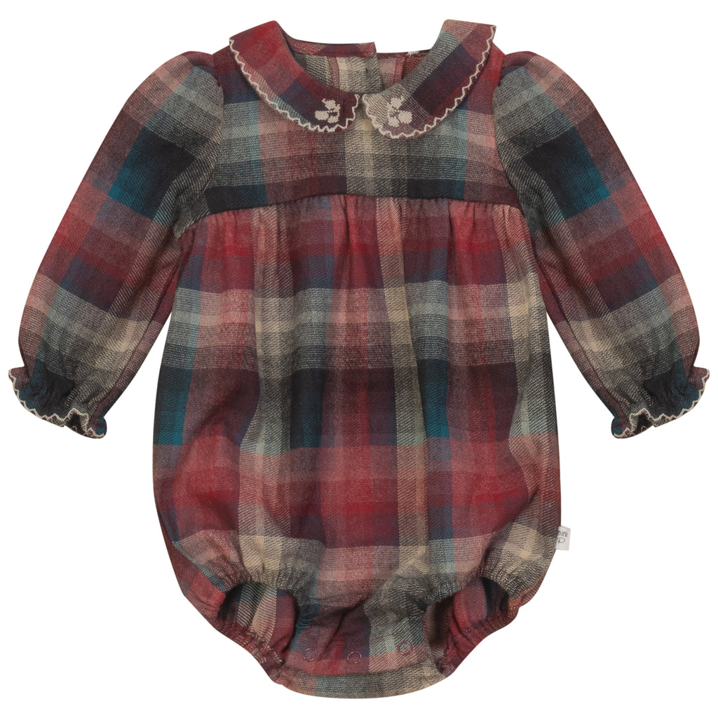 Mini P Plaid Blue/Brick Romper