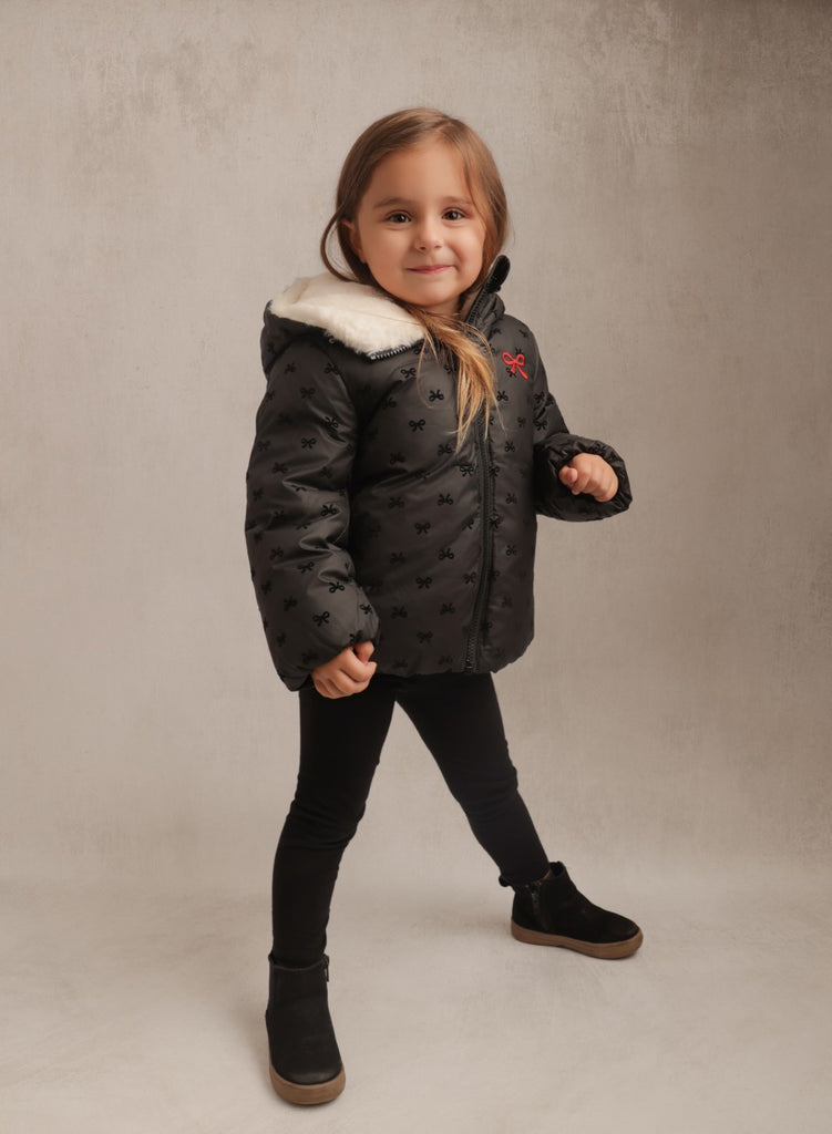 Raygo Embroidered All Bows Girls Black Coat