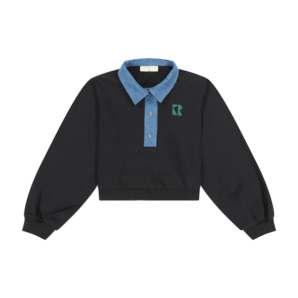 Retrokid Remy Denim Collar Crop Black Sweatshirt with Green Detail
