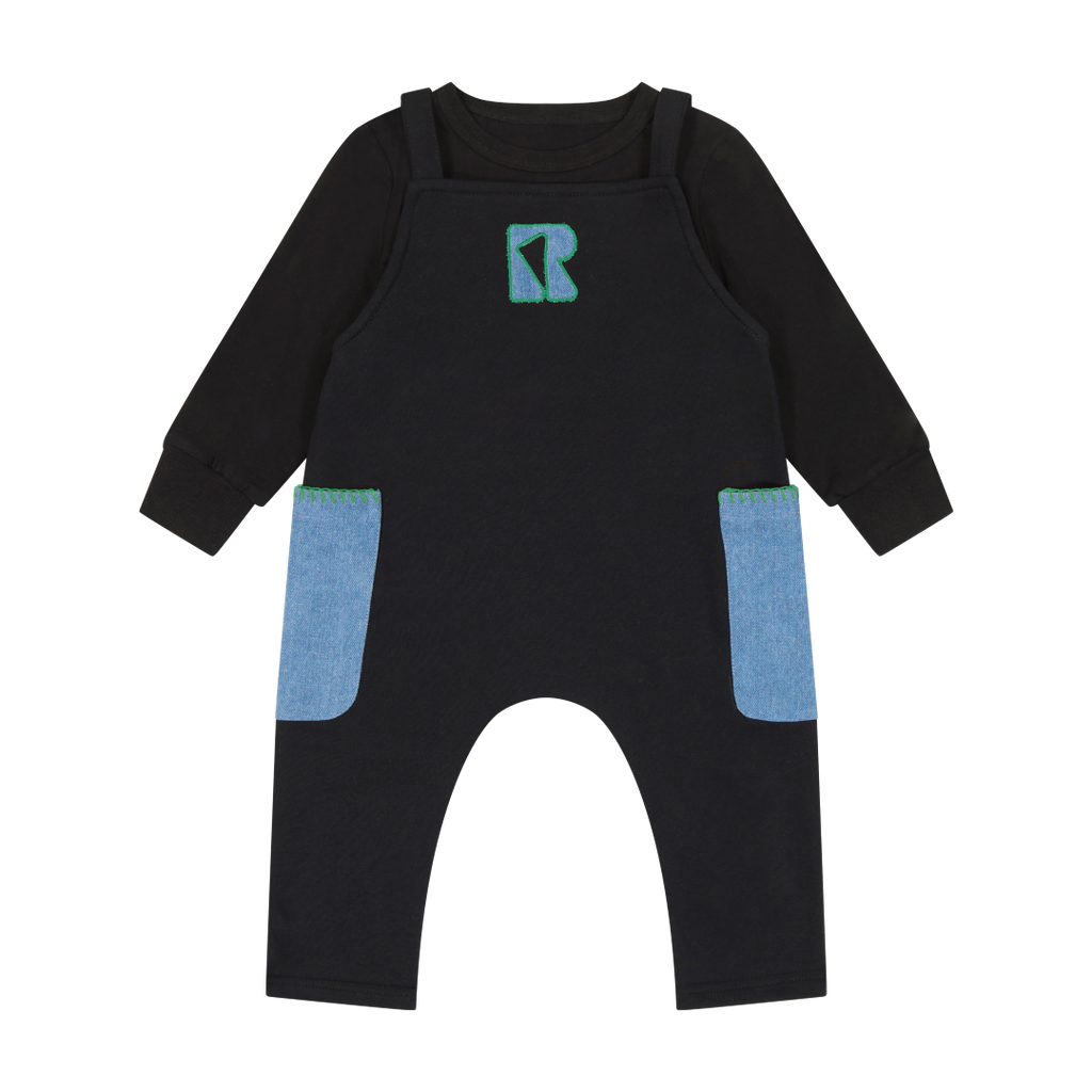 Retrokid Remy Baby Black Overall with Green Stitched Detail