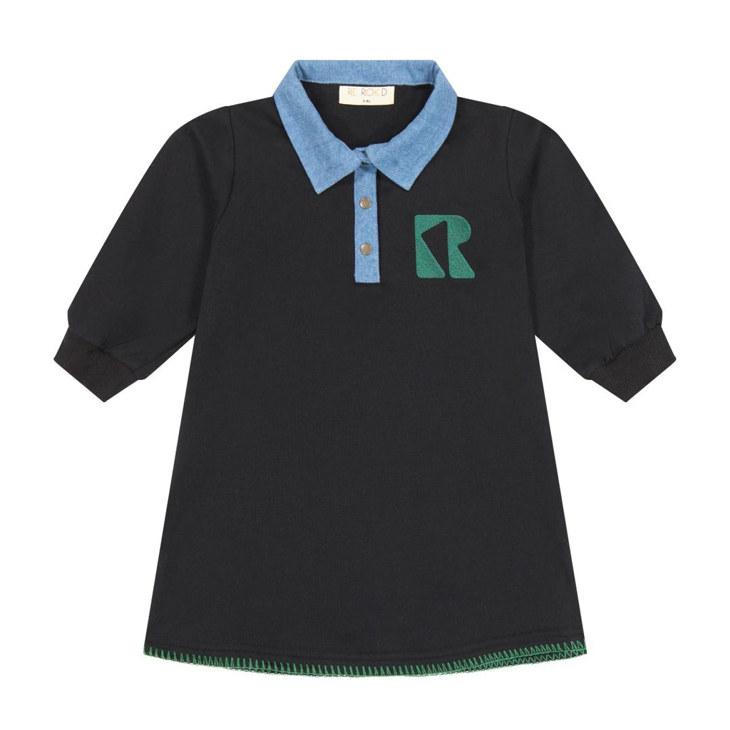 Retrokid Remy Collar Black Dress with Green Hem Stitching