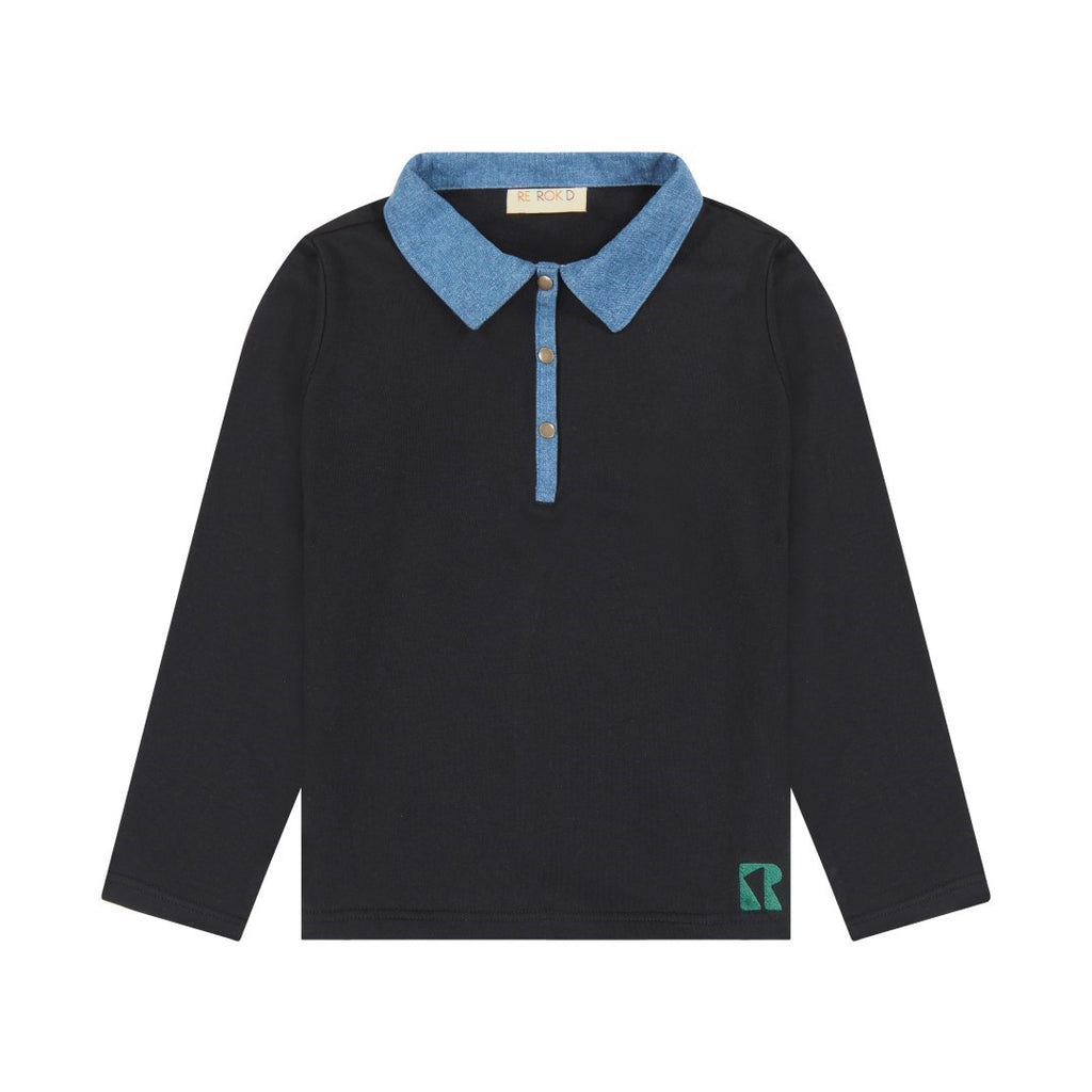 Retrokid Remy Denim Collar Boys Black Polo with Green Stitching