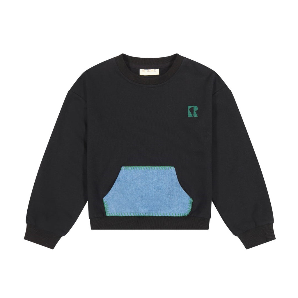 Retrokid Remy Kangaroo Pocket Black Sweatshirt with Green Detail