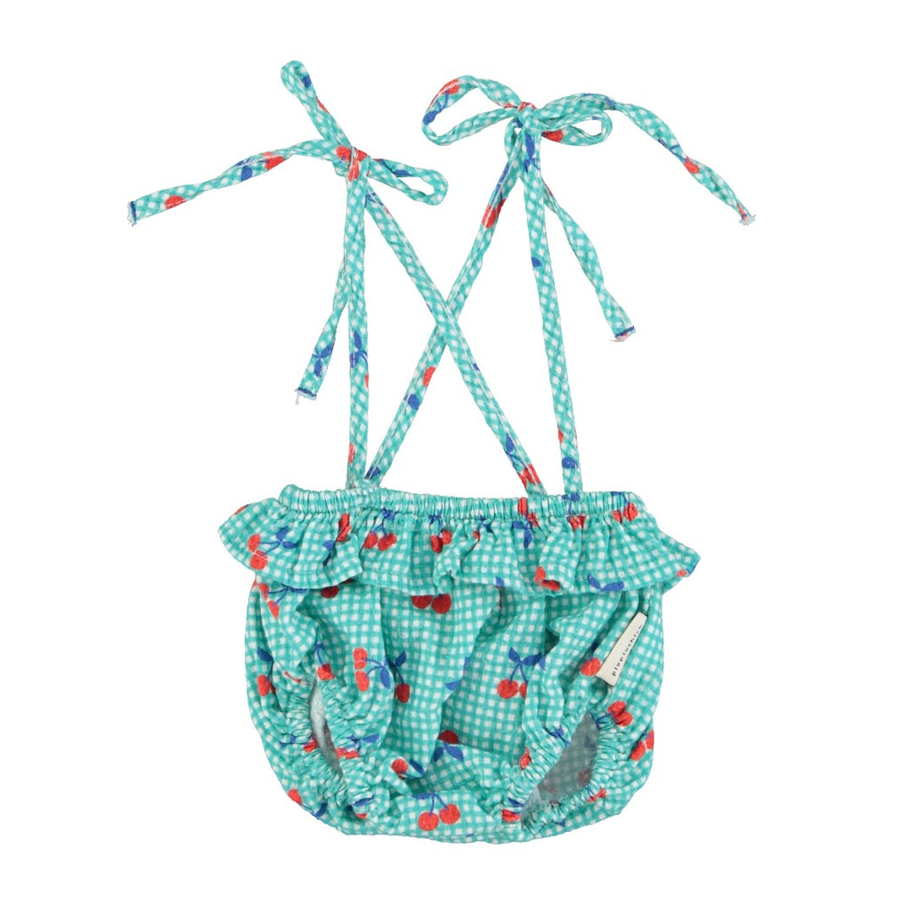 Piupiuchick Turquoise & White Checkered W/ Cherries Baby Bloomers W/ Thin Straps