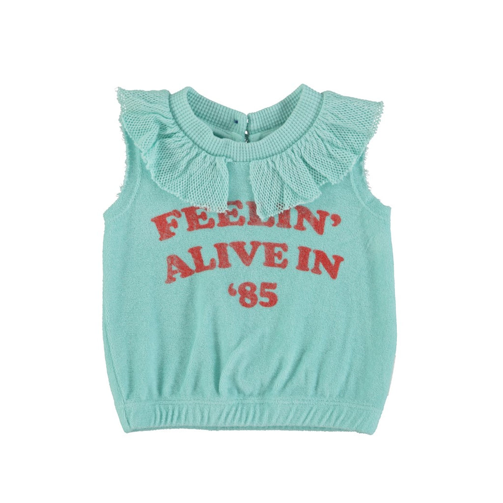 Piupiuchick Blue W/ "Feelin' Alive" Print Sleeveless Top W/Collar