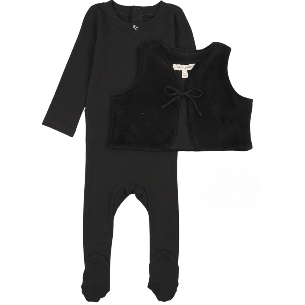 Ann of Nan Velour Baby Black Vest w/ Footie
