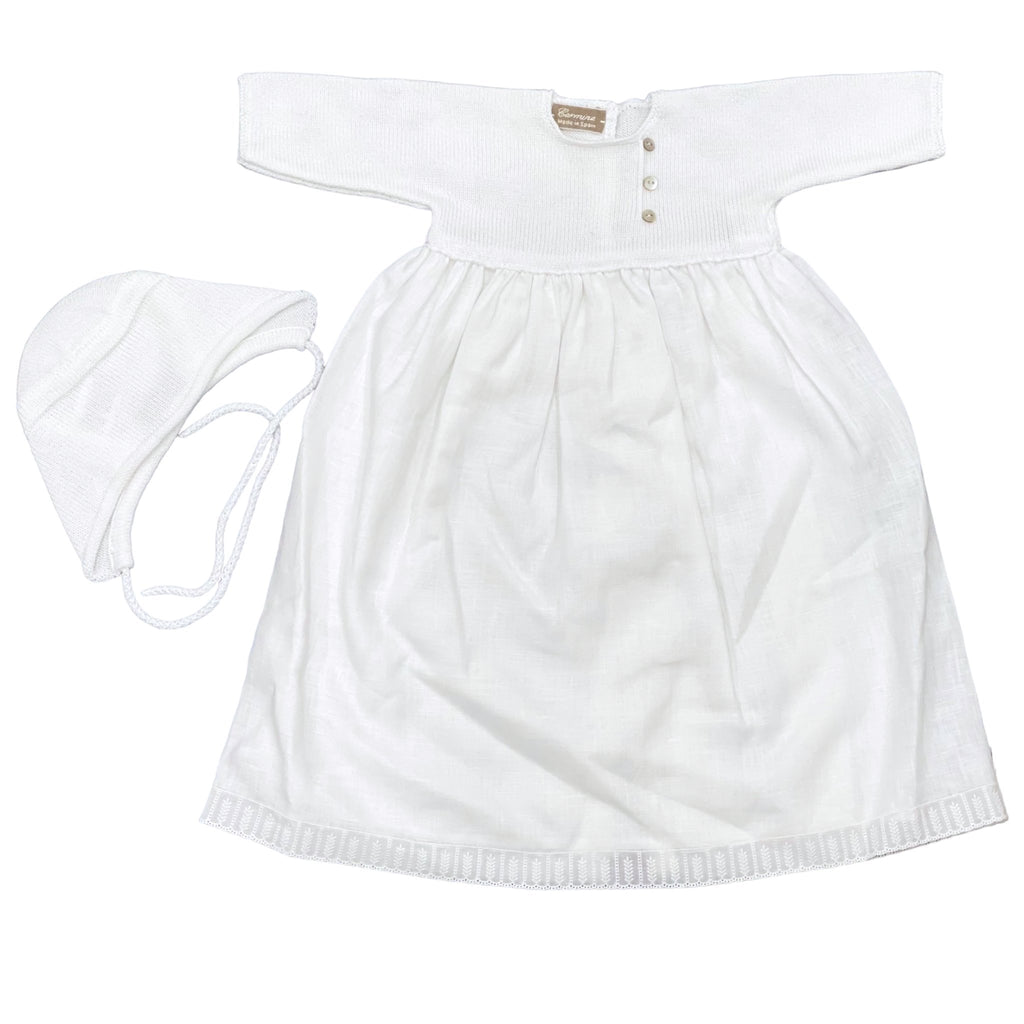 Carmina White Knit/Linen Dress with Lace Trim and Buttons with Matching Bonnet - Macaroni Kids