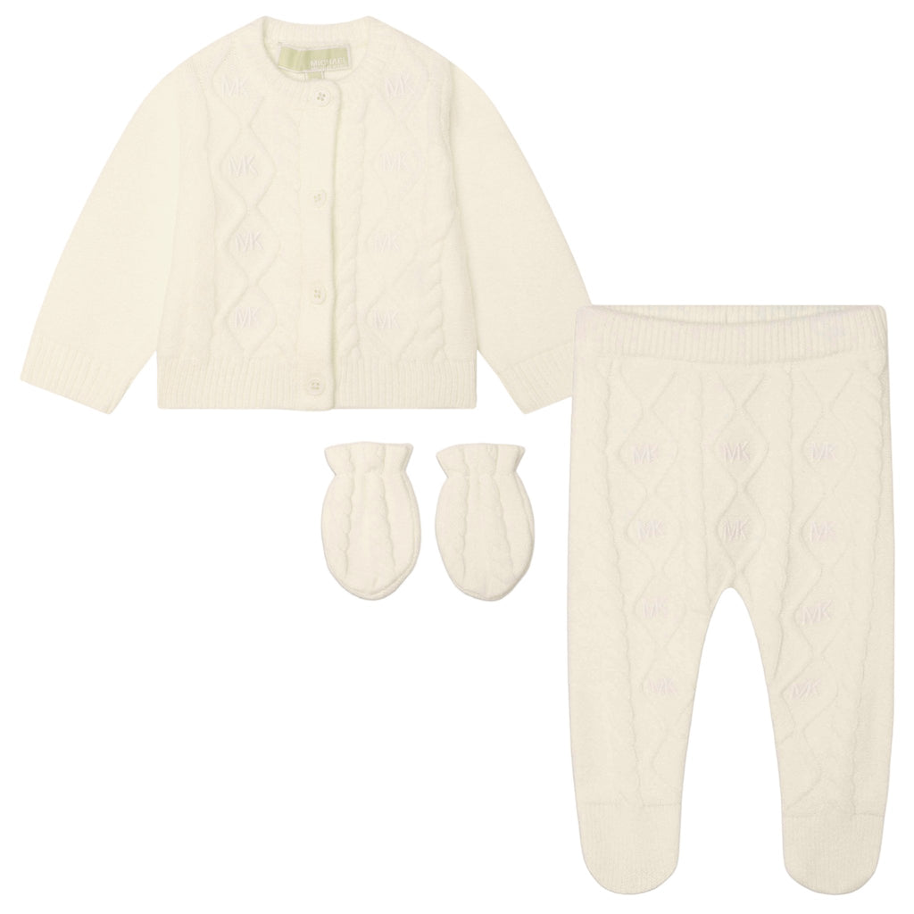 Michael Kors Knit Logo Cardigan+Trousers and Glove Set in Gift Box- Off White - Macaroni Kids