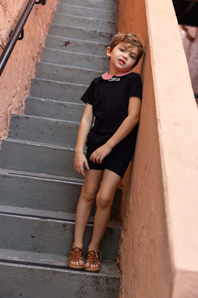 Mini Nod Print Collar Boys Top Black/Gingham - Macaroni Kids