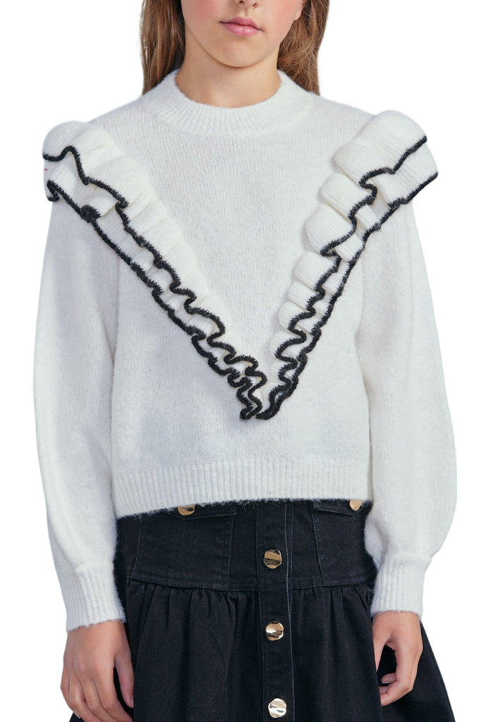 Steph Cream and Black Tipped Ruffle Cosy Knit Sweater - Macaroni Kids