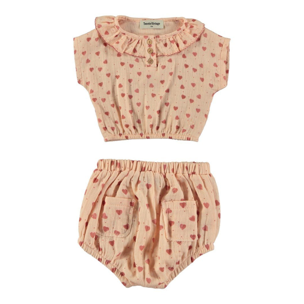 Tocoto Vintage Baby Short Sleeve Blouse With Hearts Print with Bloomer Set - Macaroni Kids