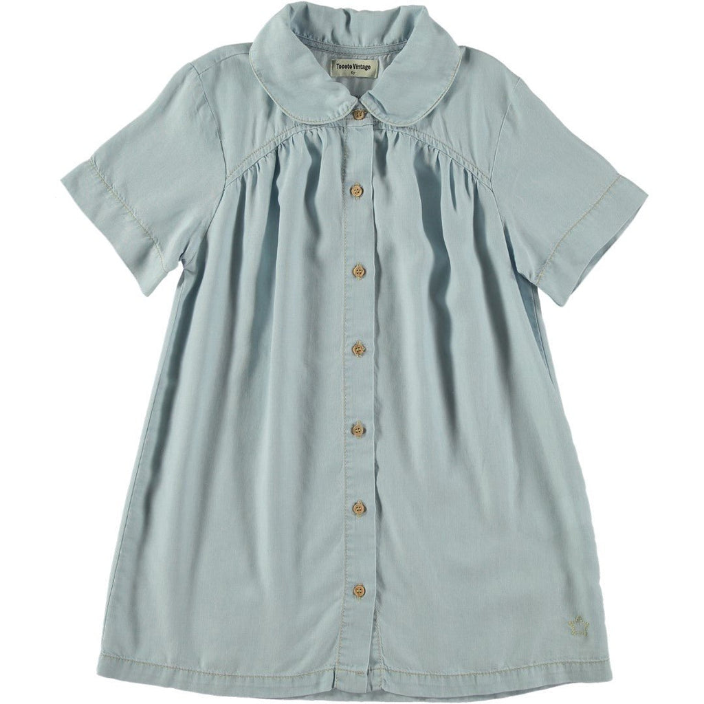 Tocoto Vintage Denim Lyocell Blue Short Sleeve Dress With Gathering - Macaroni Kids