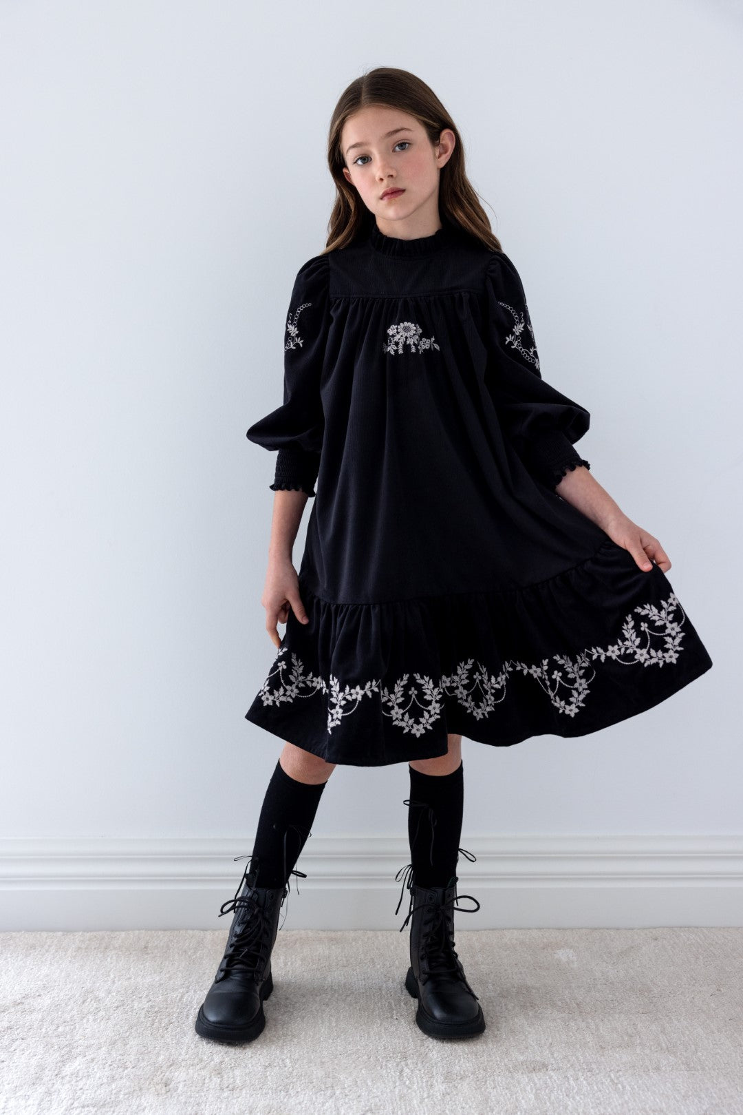 Petite Amalie Embroidered Cord Black/Cream Dress