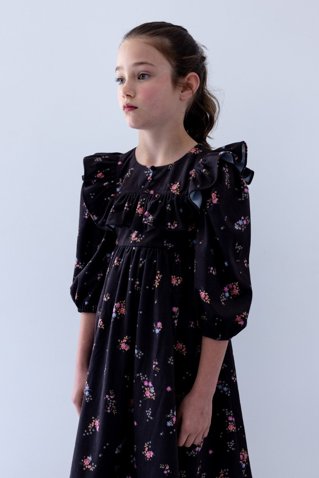 Petite Amalie Ruffle Yoke Cord Black Ditsy Dress 10Y / Black