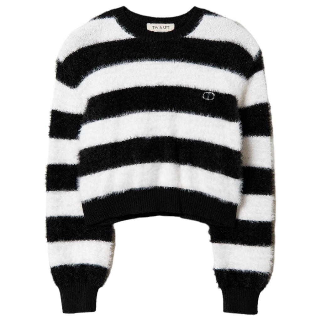 Twinset Black & White Fuzzy Stripe Sweater