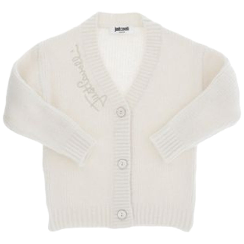 Just Cavalli Long Sleeved Cream Cardigan with Embroidered Logo Detail