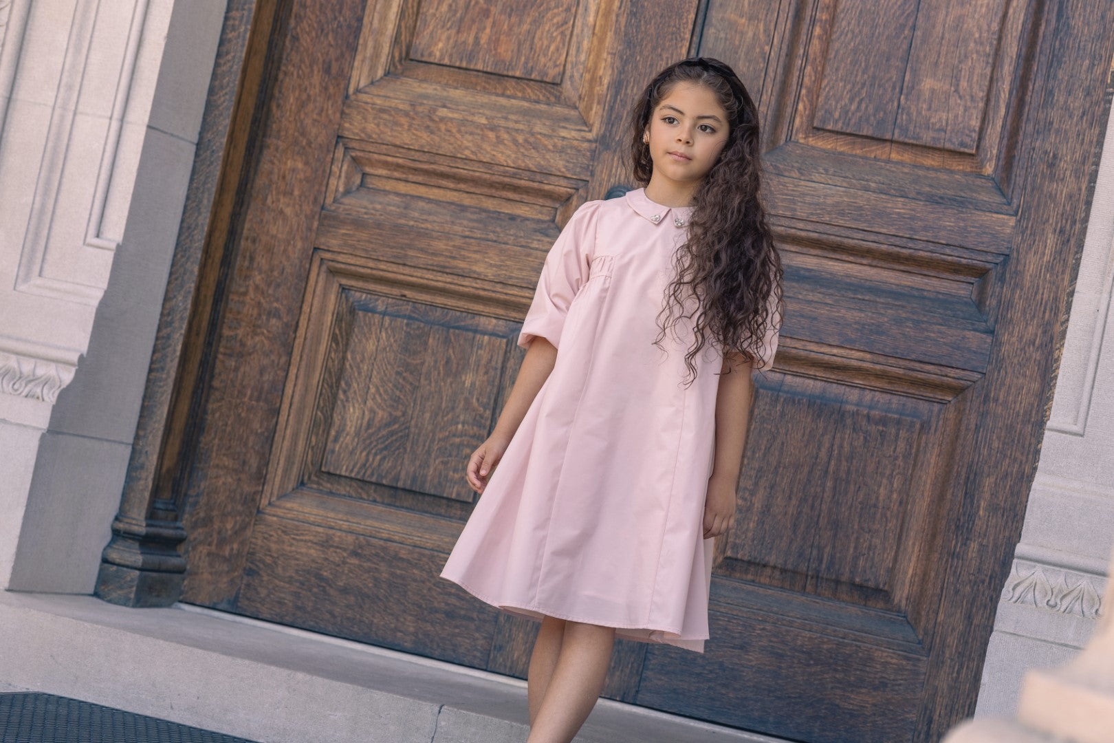 Little Tempest Girls Taffeta Antique Pink Party Dress with Collar