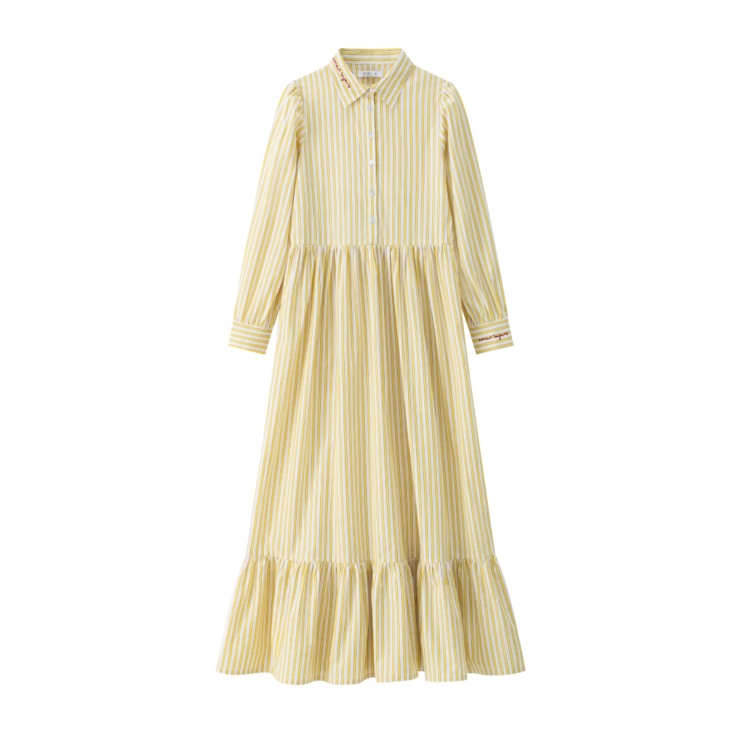 striped dress white and gold Women's The Amanda Yellow & White Stripe Cotton Strapless Midi Dress | Size: S main image 1