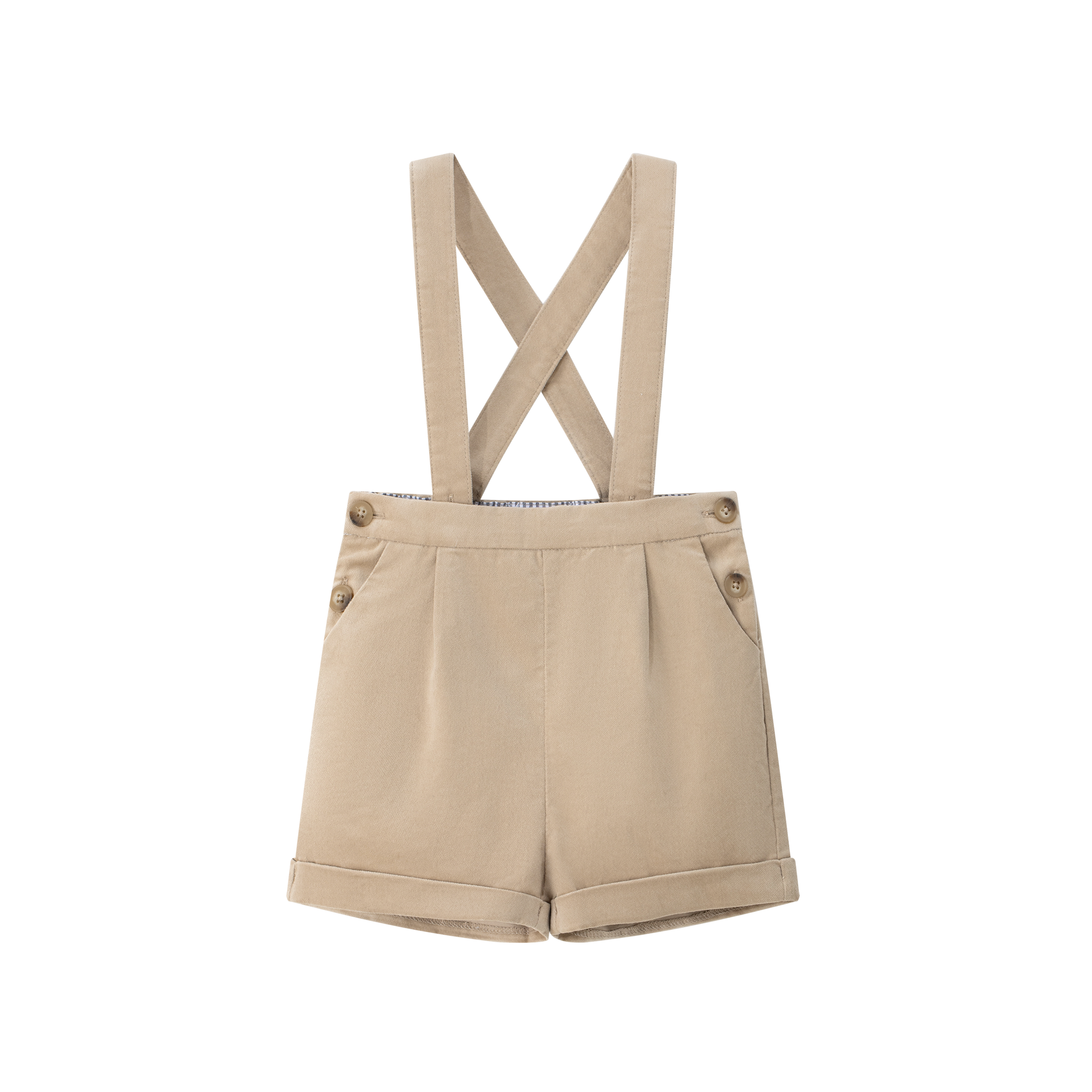 Coco Blanc Camel Suspender Shorts | Macaroni Kids