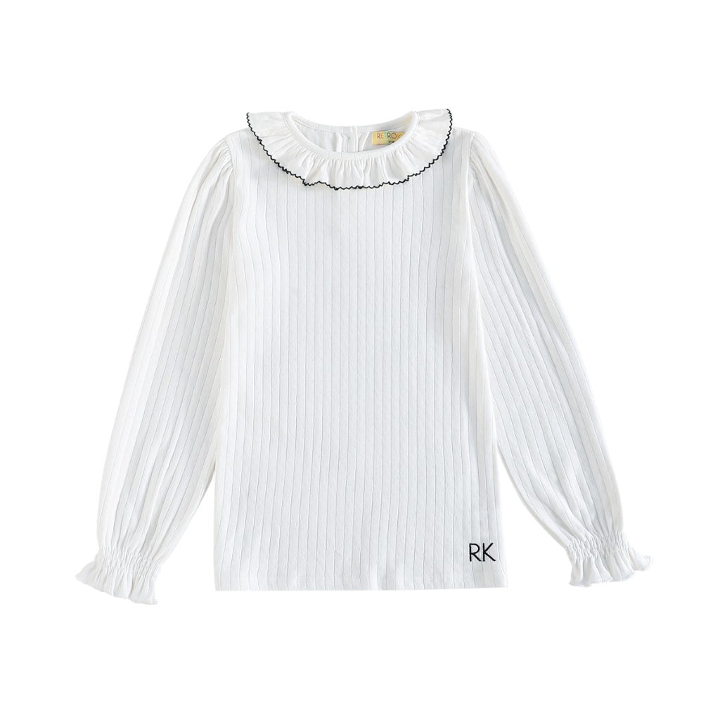 Retrokid Emery Pointelle Collared Long Sleeve White/ Black Tshirt