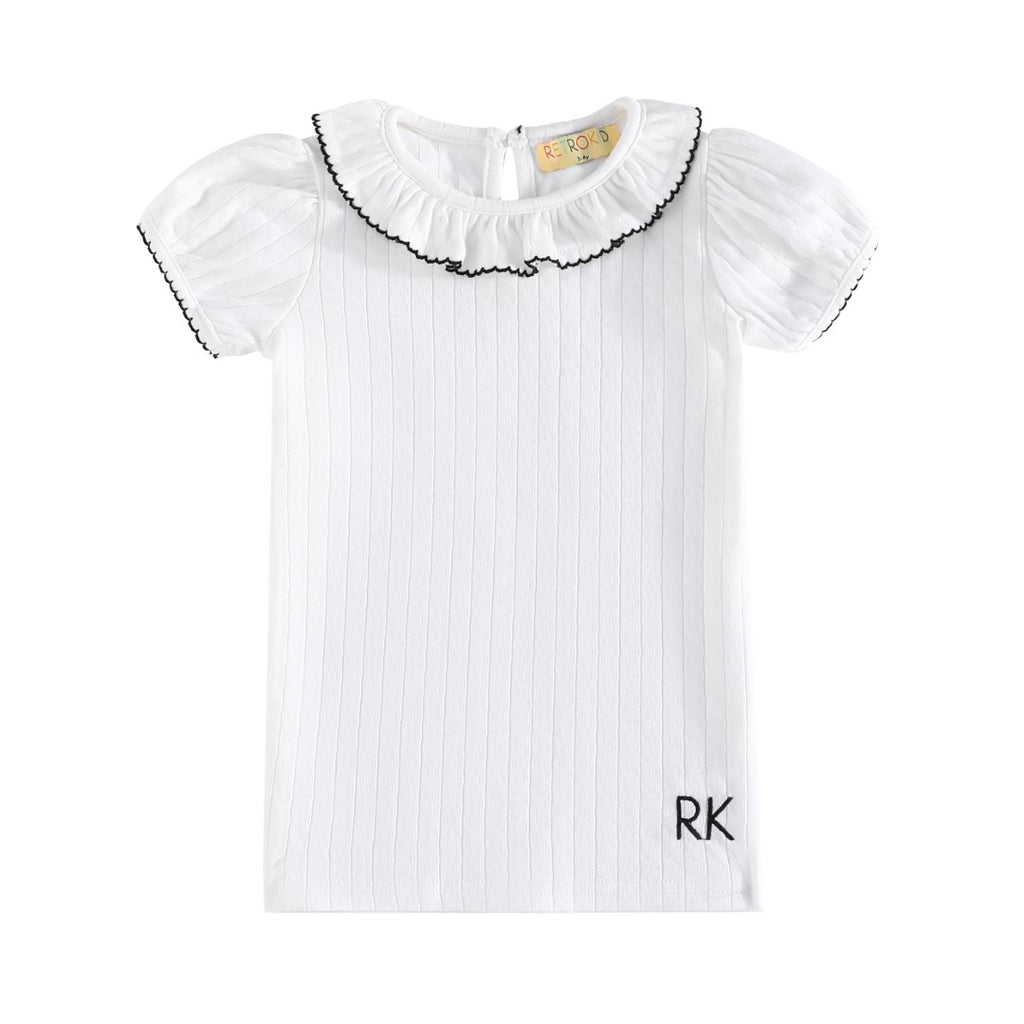 Retrokid Emery Pointelle Collared Short Sleeve White/ Black Tshirt