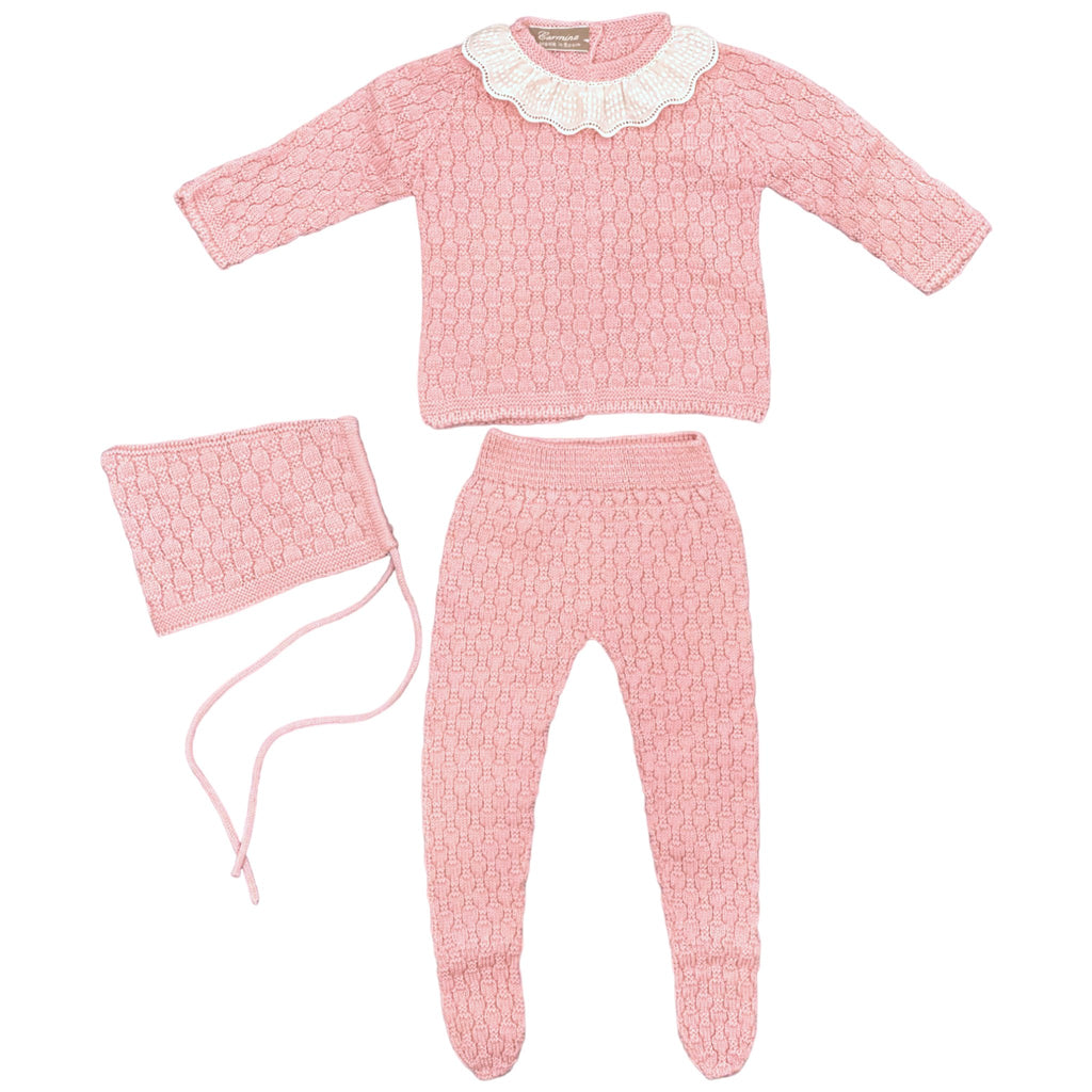 Carmina Antique Pink 3 Piece Textured Knit Set With Lace Collar - Macaroni Kids