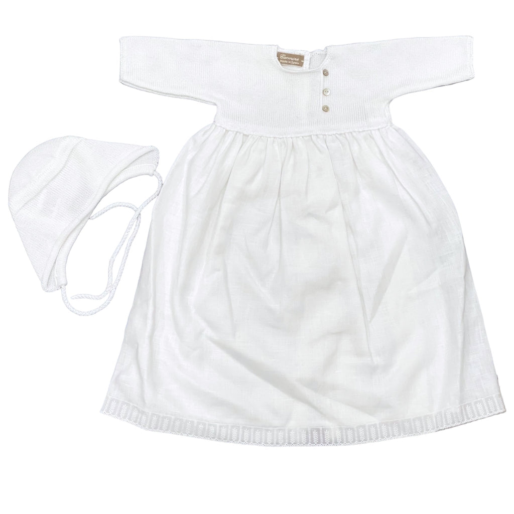 Carmina White Knit/Linen Dress with Lace Trim and Buttons with Matching Bonnet - Macaroni Kids