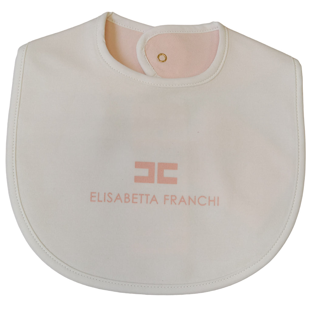 Elisabetta Franchi Be024 Baby Bib With Logo Print Detail- Ivory/Pink - Macaroni Kids