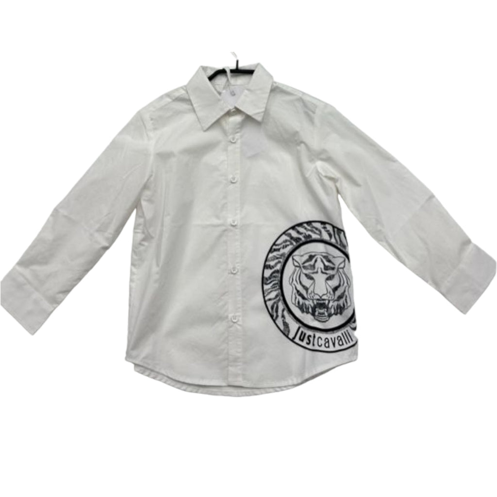 Just Cavalli Long Sleeved White Collared Blouse with Logo Print Detail - Macaroni Kids