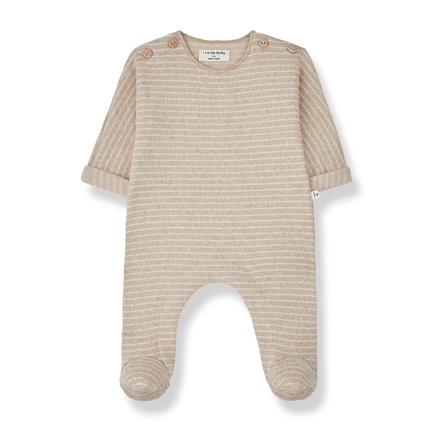 One More In The Family Porthos Beige Jumpsuit W/Feet - Macaroni Kids