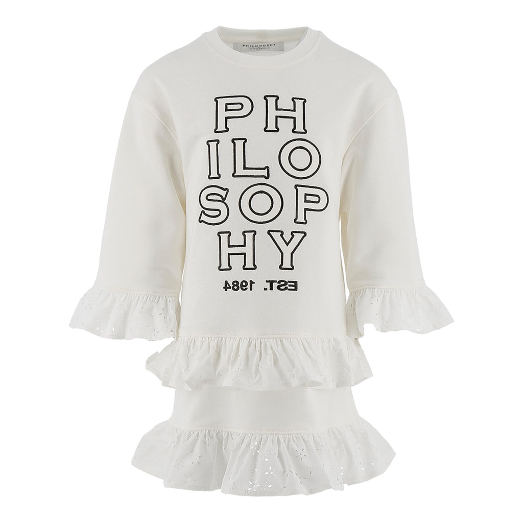 Philosophy Cream Long Sleeve Cotton Dress W Ruffles & Logo On Front - Macaroni Kids