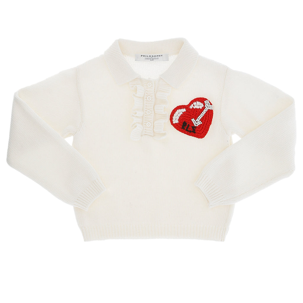 Philosophy Long Sleeve Collared Sweater with Logo Heart Patch - Cream - Macaroni Kids