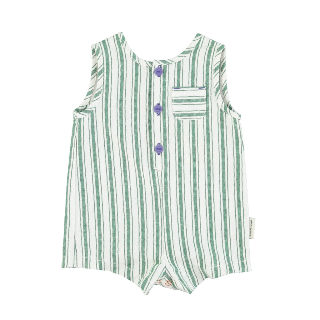 Piupiuchick White w/ Large Green Stripes Baby Short Jumpsuit - Macaroni Kids