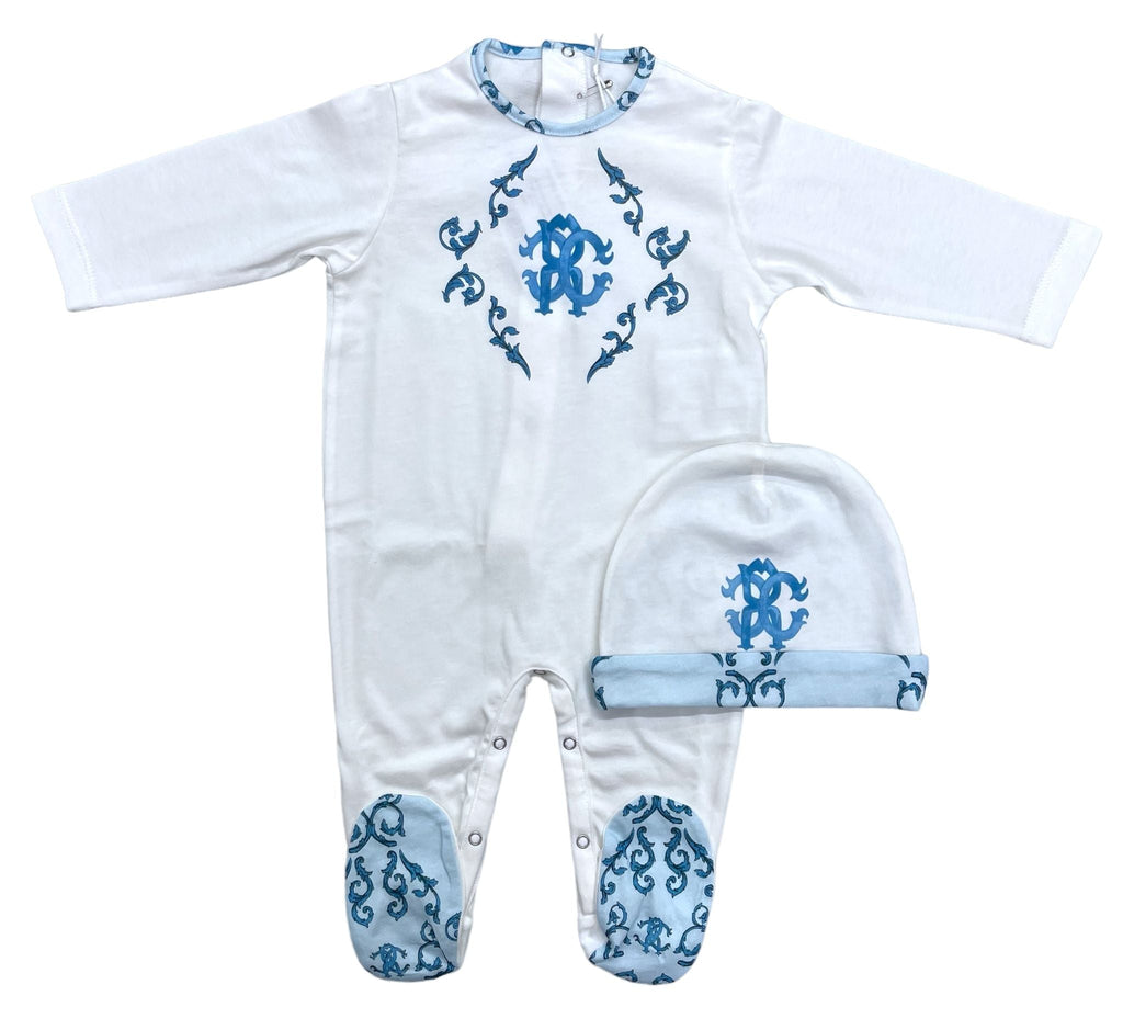 Roberto Cavalli Newborn Romper Cap Baroque Newborn Children Gift Kit - Blue - Macaroni Kids